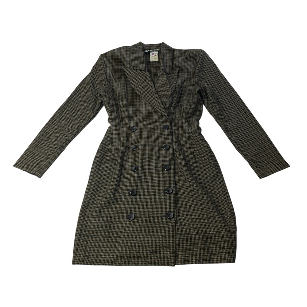 Vintage La Belle Made In USA Size 3‎ Plaid Double-Breasted Blazer Dress Brown